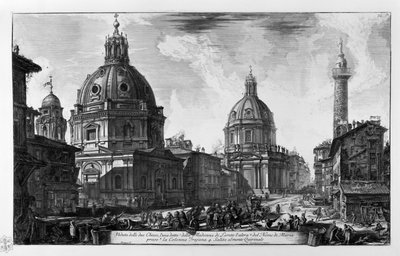 Veduta delle due Chiese. Chiesa di Santa Maria di Loreto Chiesa del Santissimo Nome di Maria Colonna Traiana. Salita al monte Quirinale da Giovanni Battista Piranesi